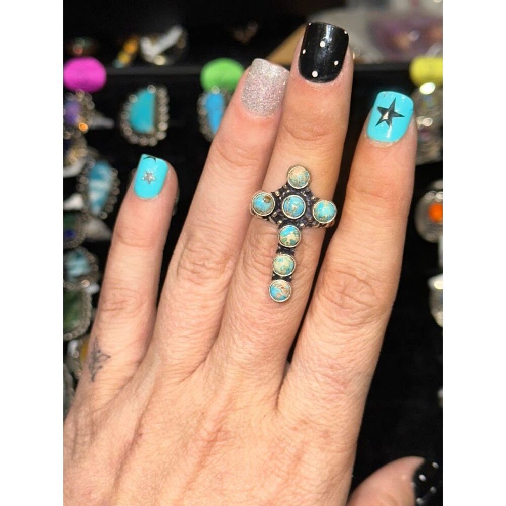 Larimar Cross Sterling Silver Overlay Ring Size 7